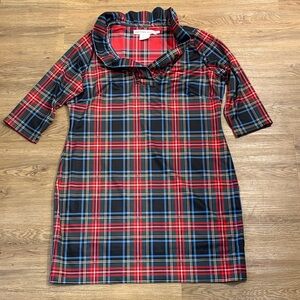 Gretchen Scott Designs Jersey Ruffneck Red, Green and Blue Plaid Dress